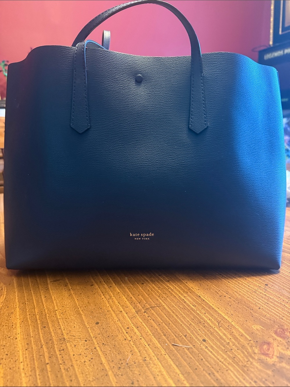 kate spade navy blue leather tote with gold logo